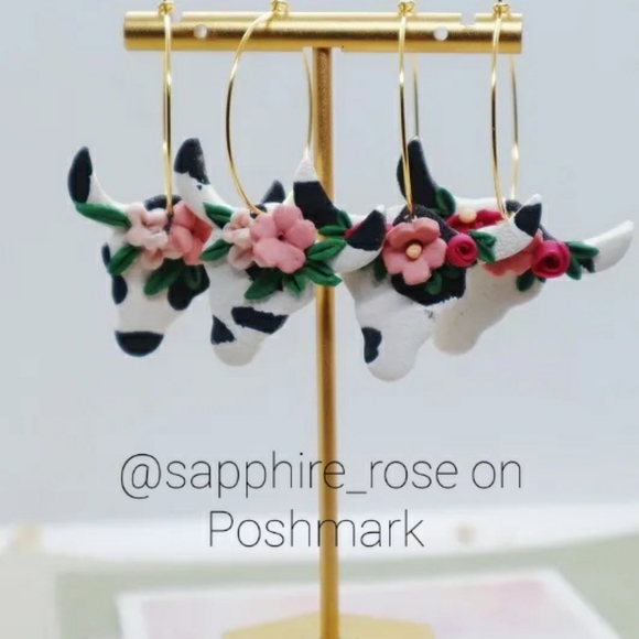 Boho Floral Cow Skull Handmade Polymer Clay Earrings Womens Western Jewelry NEW - Picture 6 of 6